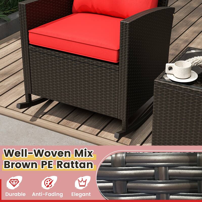 3-Pieces Patio Rattan Roker Chairs with Tufted Soft Cushions and Square Tempered Glass Table - 31.5" x 26" x 31.5"