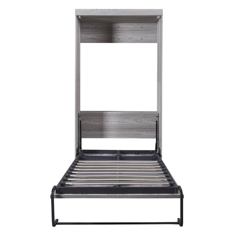 Grey Twin Size Murphy Bed with Foldable Cabinet and Hidden Legs - MDF & Metal