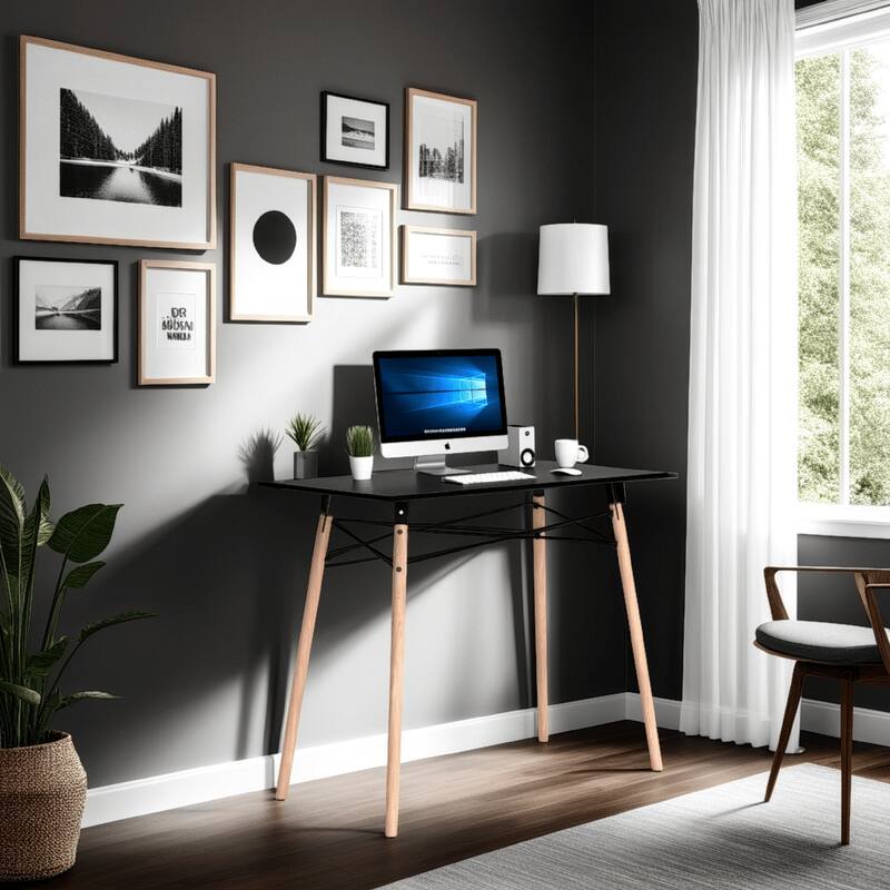 Laara Home Office Desk, Black, Brown Wood, Metal Leg Braces, 36 Inch