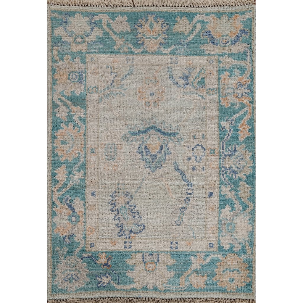 Hand Knotted Oriental 100% Wool Carpet Transitional Geometric Green Oushak Area Rug - 2' 11'' X 1' 11''