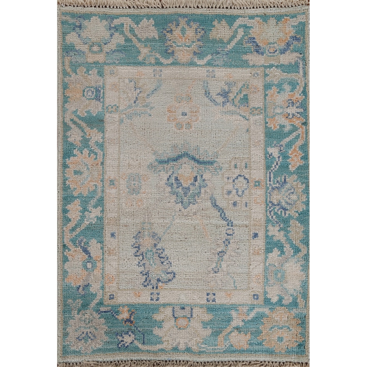 Hand Knotted Oriental 100% Wool Carpet Transitional Geometric Green Oushak Area Rug - 2' 11'' X 1' 11''