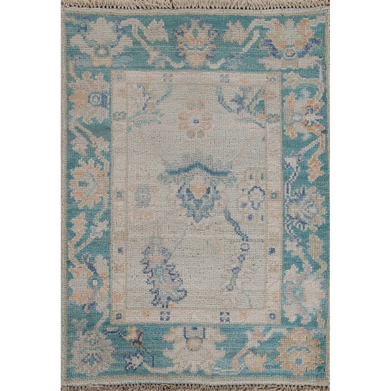 Hand Knotted Oriental 100% Wool Carpet Transitional Geometric Green Oushak Area Rug - 2' 11'' X 1' 11''