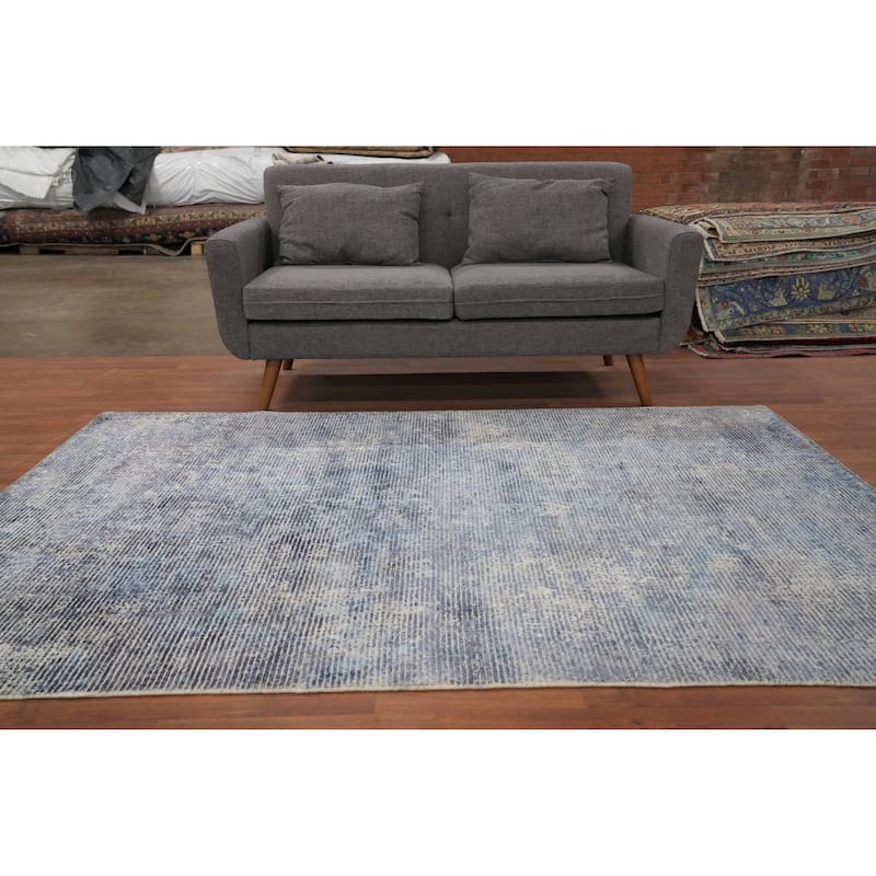 Hand Knotted Oriental Viscose Silk Carpet Modern All-Over Navy Blue & Blues Abstract Area Rug - 7' 8'' X 5' 6''