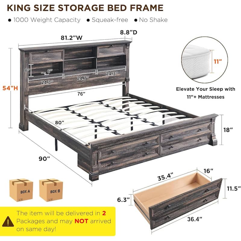 Farmhouse King Size Bed Frame with 54" Tall Storage Bookcase Headboard