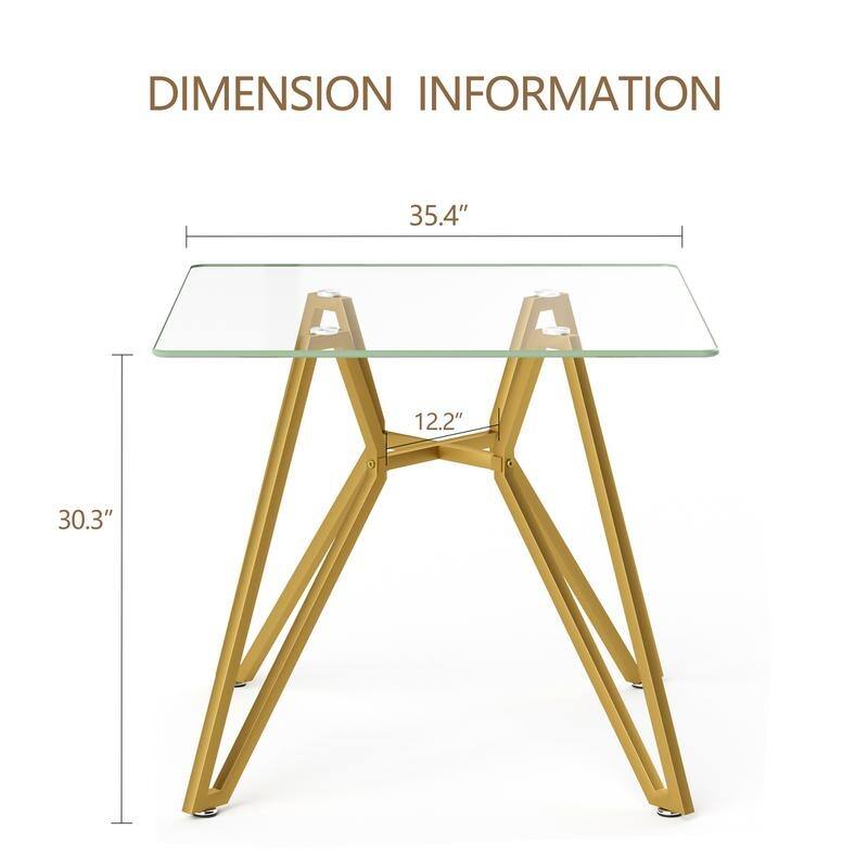 Gold Modern Tempered Glass Dining Table with Metal Legs for Kitchen, Living Room