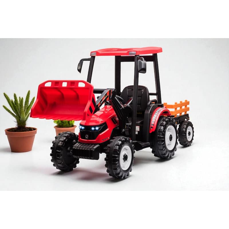 24V Kids Ride On Tractor with Remote Control, Electric Pedal Car with Trailer, Working Loader & Backhoe Digger
