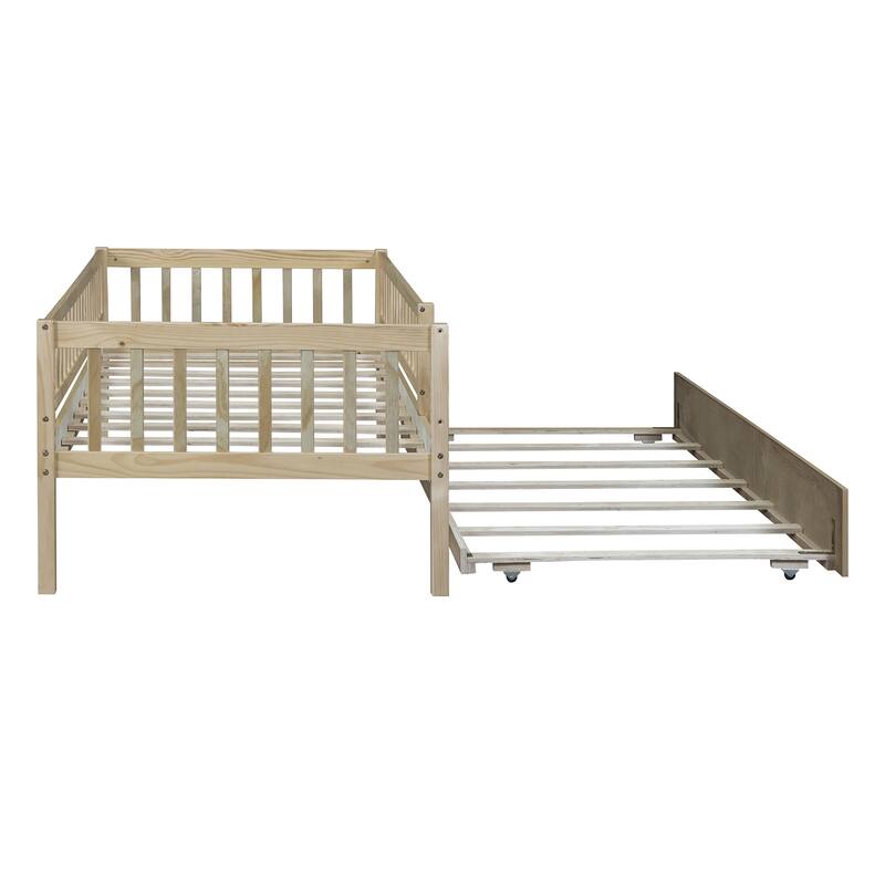 Twin Daybed with Trundle, Wood Twin Size Kids Bed Frame with Fence, Twin Trundle Bed for Girls, Boys, Twin Platform Bed