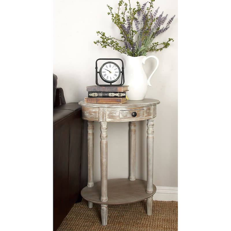 Wood Whitewashed Oval 1 Drawer and 1 Shelf Accent Table with Turned Legs - Light Brown - Roche River Decor - 15"Wx20"Lx27"H