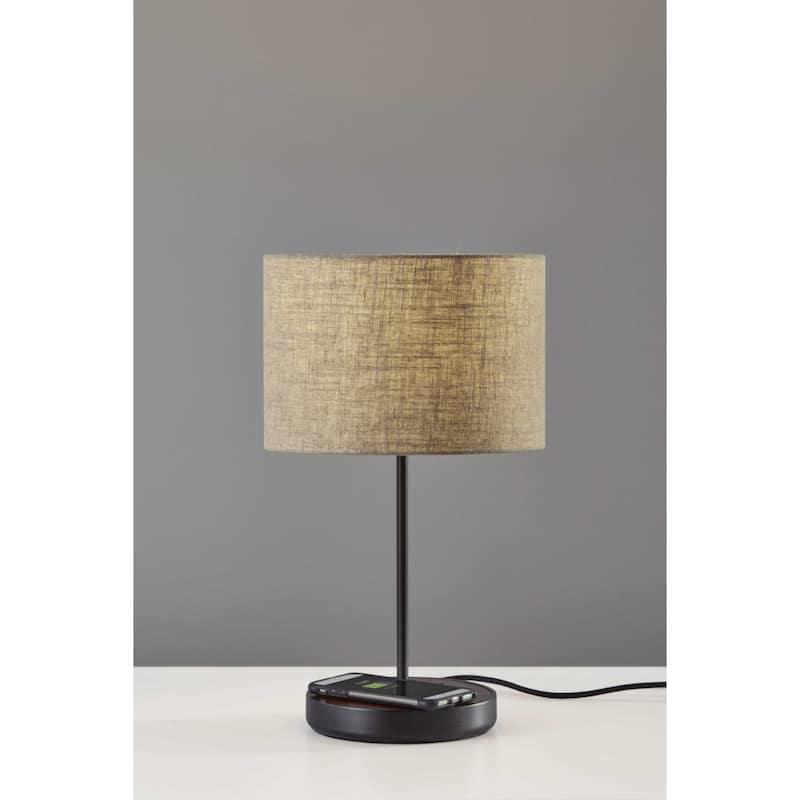 Black Metal Steel Base Table Lamp with Natural Fabric Drum Shade, USB and Wireless Charging - 11.5” x 11” x 19.5” (D x W x H)