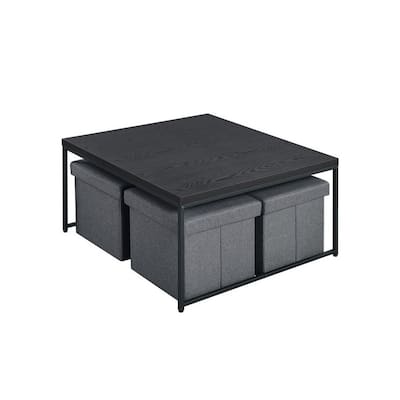 All 5 Piece Coffee Table Set, Oak Black Top with 4 Nesting Storage Bins