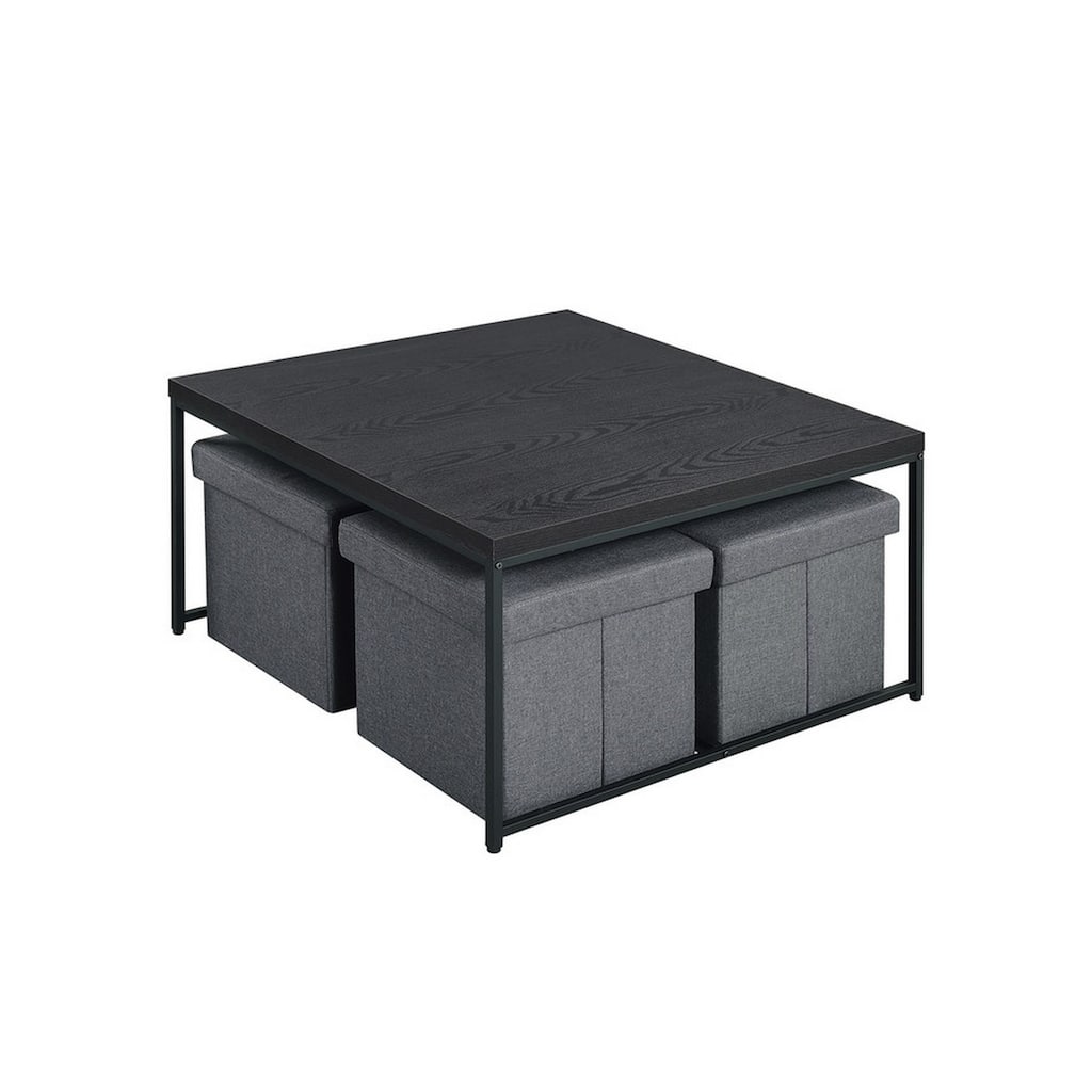 All 5 Piece Coffee Table Set, Oak Black Top with 4 Nesting Storage Bins