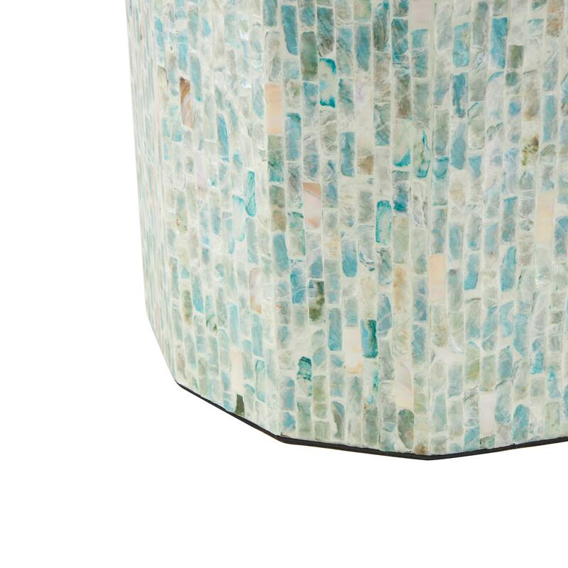 Mother of Pearl Shell Handmade Mosaic Inlay Drum Side End Accent Table - Blue - Roche River Decor