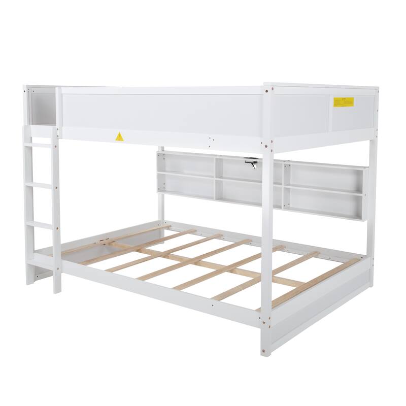 Queen-Over-Queen Pine Bunk Bed with 6 Storage Cabinets, Charging Station and Safety Guardrails
