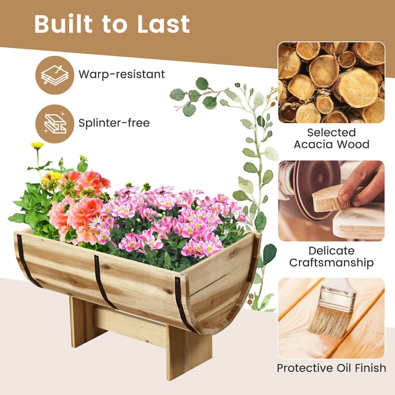 Costway 1/2 PCS Outdoor Wooden Planter Solid Acacia Wood Half-Barrel - Natural