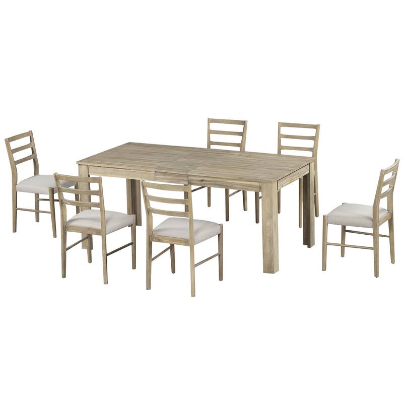 Natural Wood Wash Rustic 7-Piece Wooden Dining Table Set with 6 Chairs & Extendable Table