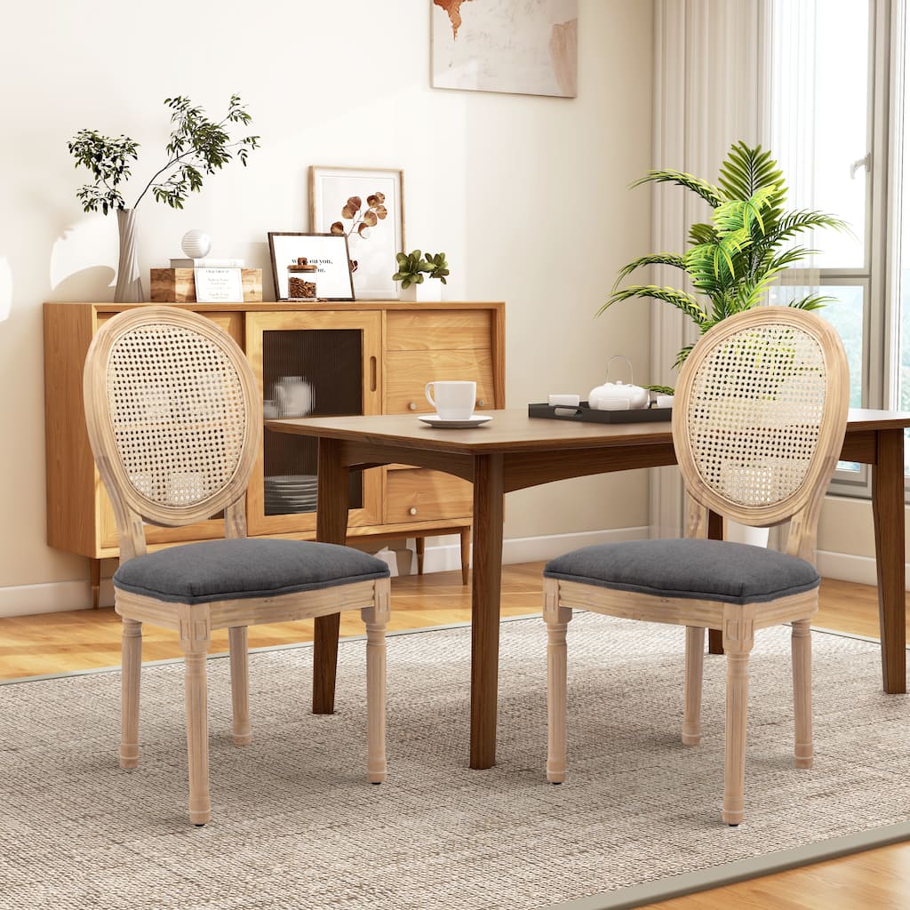French Country Solid Wood Fabric Dining Chair Set of 2