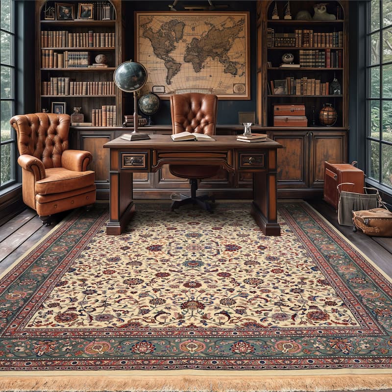9x12 Hand Knotted Wool Ivory Kashaan Medallion Traditional Oriental Area Rug - 9' x 12' - 9'  x 12'