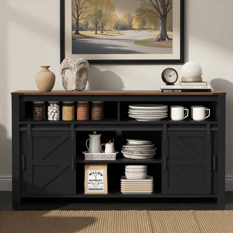 59.3" Farmhouse Sideboard with Sliding Barn Doors & Mesh Panels, Buffet Cabinet with Open Storage for Kitchen or Living Room - Black