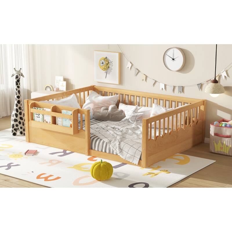 Roomfitters Floor Bed with Bookshelf and Heightened Fence, Solid Wood Frame with Guardrails