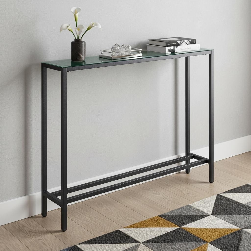 HomeRoots 36" Black and Gunmetal Mirrored Glass Console Table - 36.00 in. x 30.00 in. x 8.00 in.