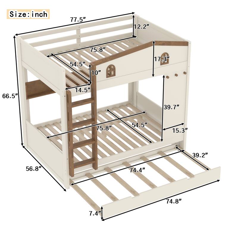 Full over Full Bunk Bed with Trundle and Storage Shelves, Solid Wood Bunk Beds with hooks, No Box Spring Needed
