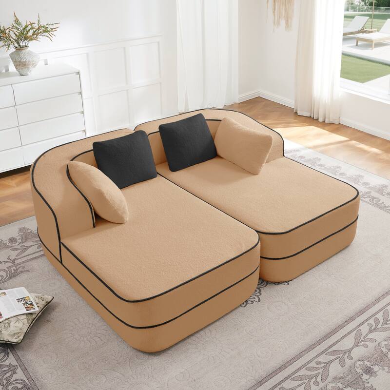 77.2" Double Chaise Lounge Chair, Upholstered Sofa Bed, Teddy Fabric Sleeper Couch with Pillows, Modern Loveseat for Living Room