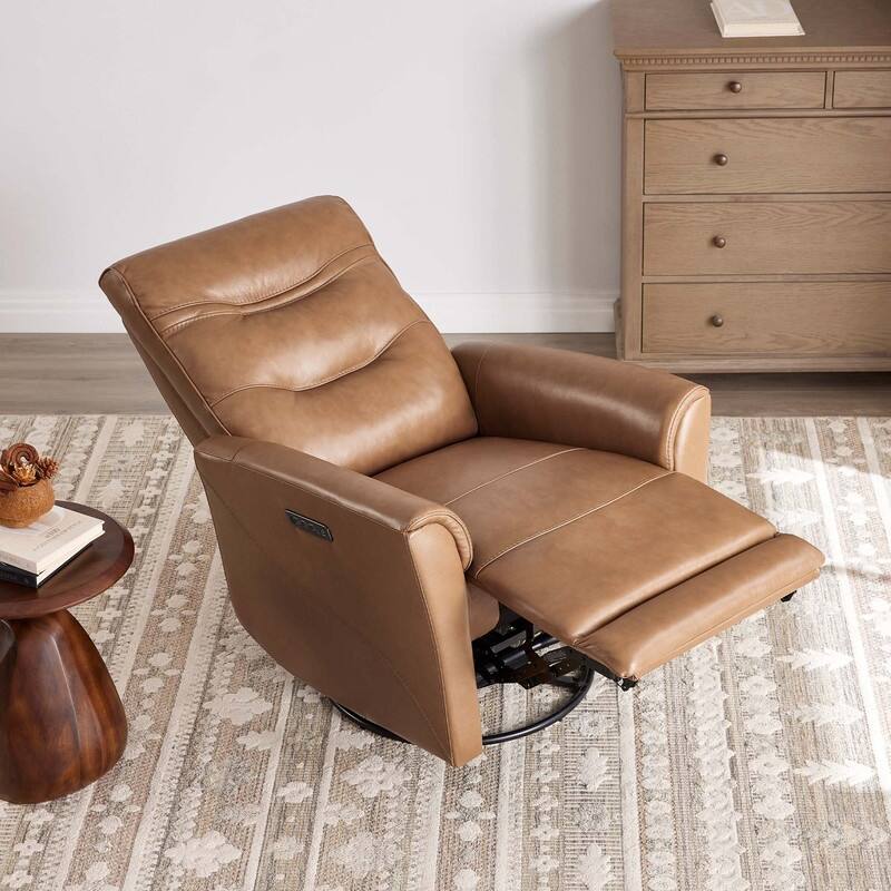 Spruce & Spring Genuine Leather Swivel Glider Recliner with Power Lumbar Support