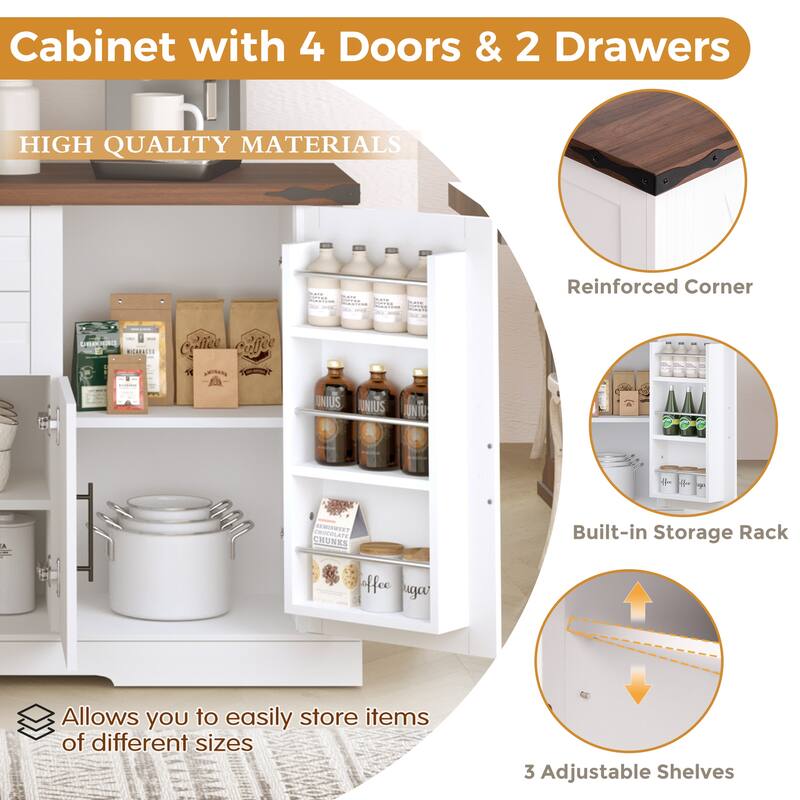 Coffee Bar Cabinet with Barn Doors & Drawers, Sideboard with Adjustable Shelves & Door Rack, Large Kitchen Storage Cabinet