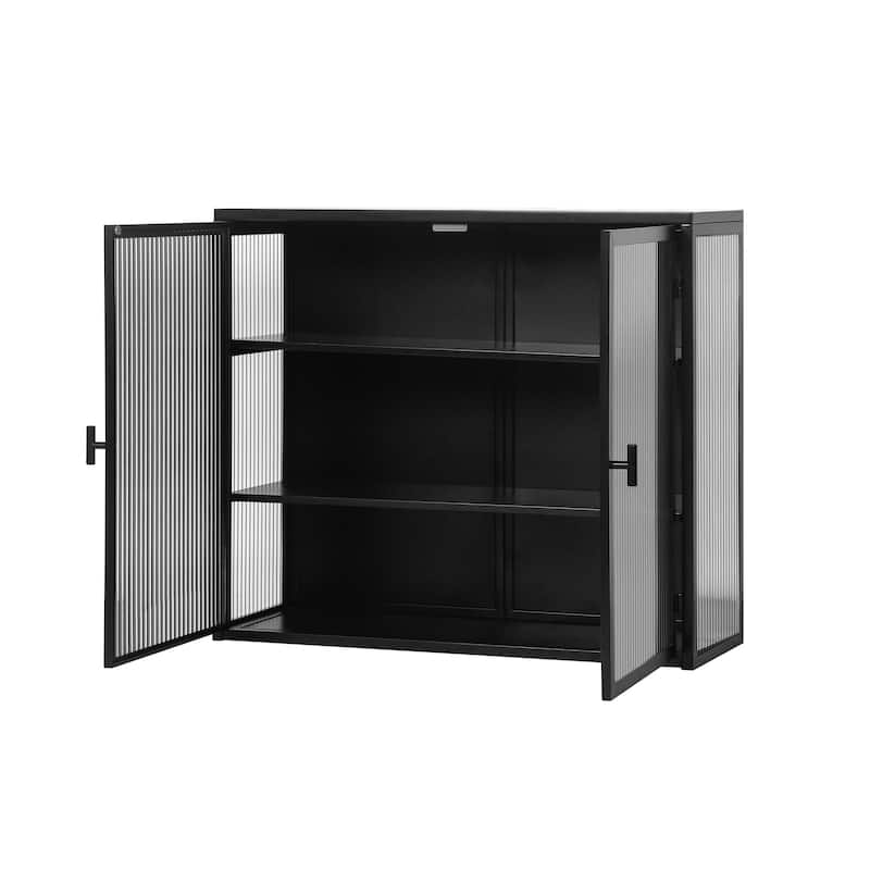 27.56"Glass Doors Modern Two-door Wall Cabinet with Featuring Three-tier Storage for Entryway Living Room Bathroom Dining Room
