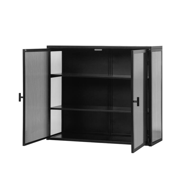 Anmytek Modern Black Glass Wall Cabinet 3-Tier Storage for Bathroom & Living Room