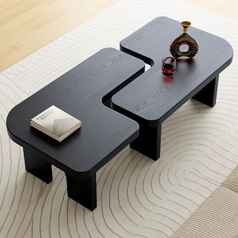 Modern Nesting Coffee Table Set, Black Wood Extendable Center Table with Smooth Surface for Living Room