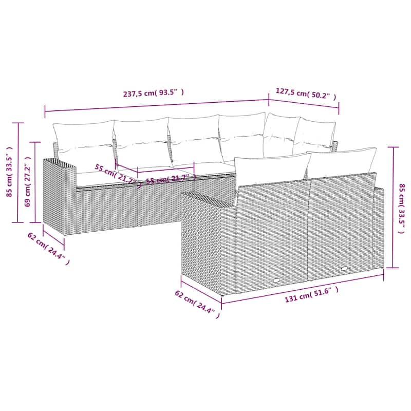 vidaXL Patio Sofa Set with Cushions Outdoor Furniture 7 Piece Poly Rattan - 24.4 x 25.8 x 27.2