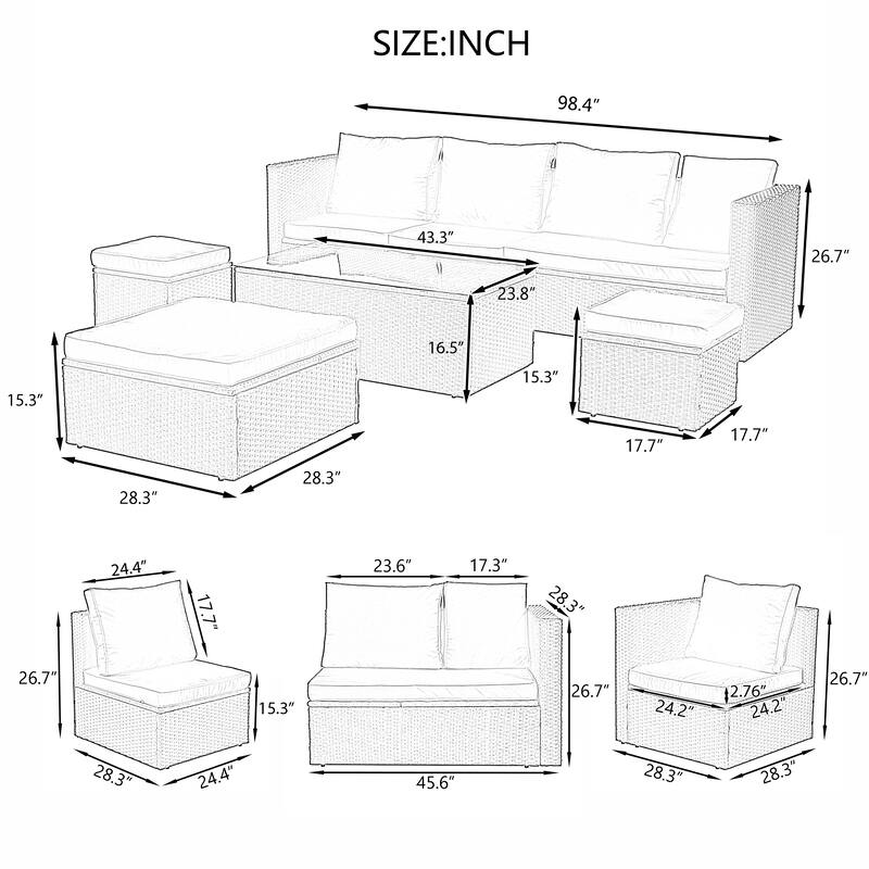 7-Piece Wicker Patio Conversation Set with Dark Gray Cushions