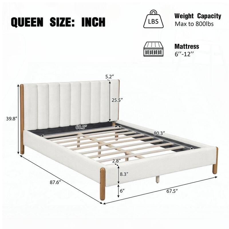Bed Frame with Boucle Upholstered Thick Headboard and Solid Wooden Legs