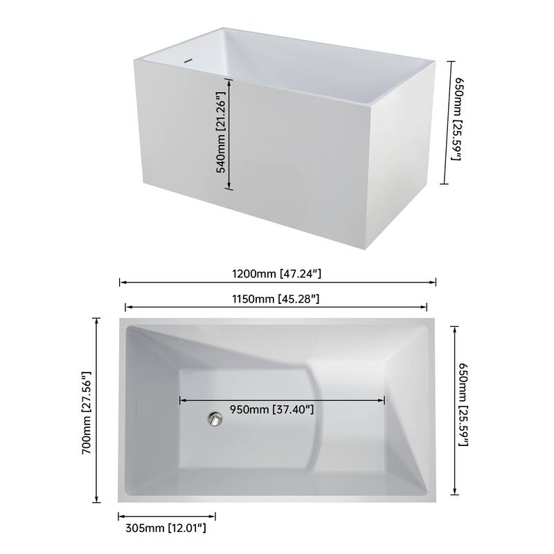 47 in. Freestanding Acrylic Japanese Soaking Bathtub, Modern Compact Design with Included Drainer