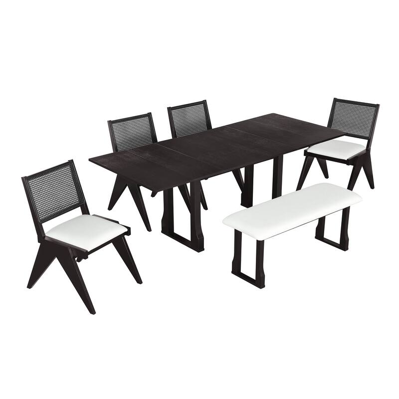Roomfitters Modern 6-Piece 82.7" Extendable Dining Table Set with Wicker Back Chairs and Bench