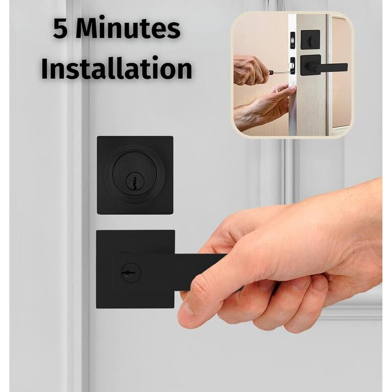 Mega Handles ROBELL Square Entry Lever and Deadbolt Combo | Front Door Lock Set | Modern Stainless Steel | Keyed Door Lever