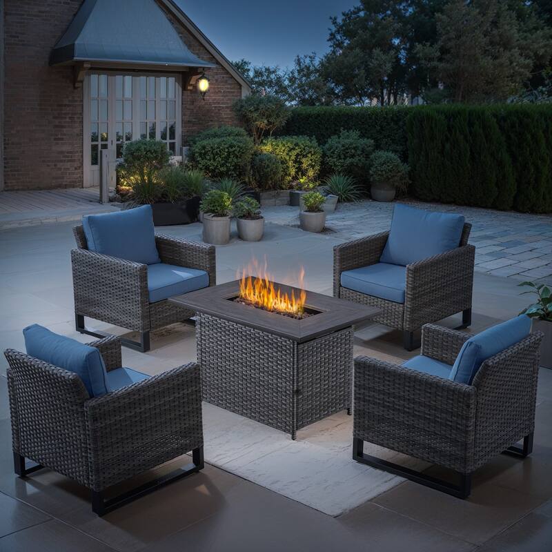 4 Pieces Patio Chair with Fire Pit Table - Blue - Grey