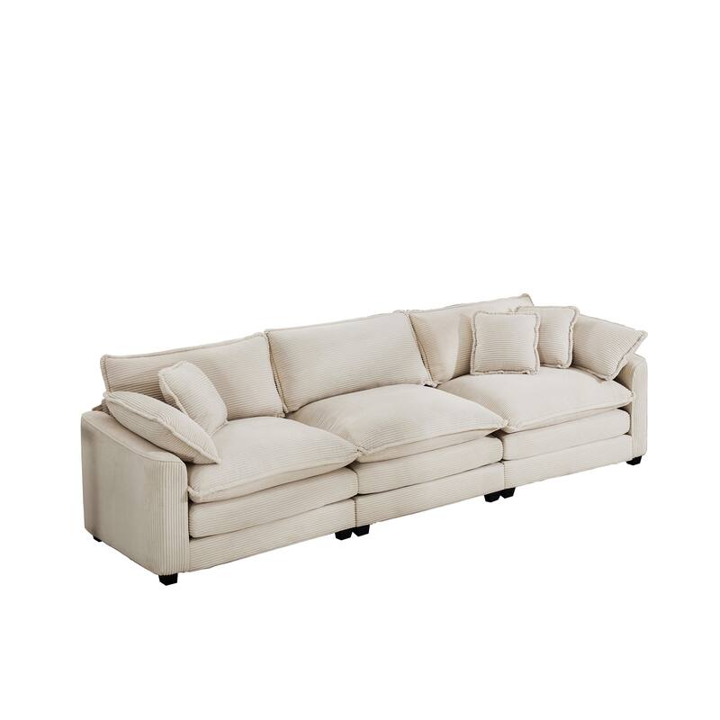 GDFStudio-Shanks Corduroy Three-Seater Sofa with Arm and Throw Pillows