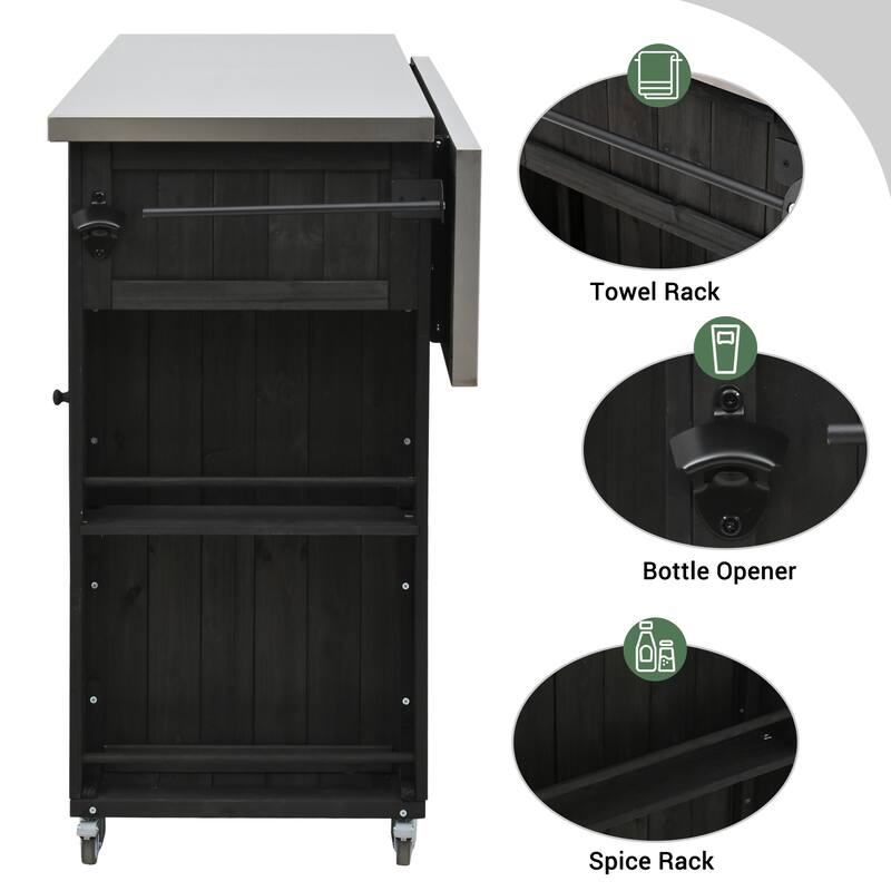 Outdoor Wood Kitchen Island w/ Stainless Steel Top,Towel,Bottle Opener