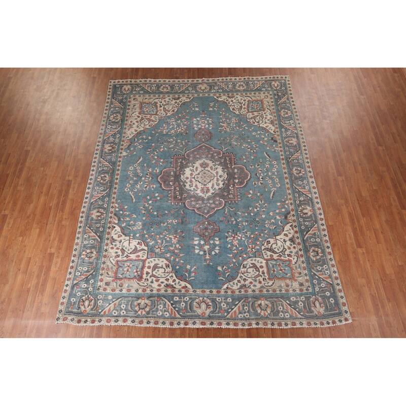 Blue Distressed Tabriz Vintage Persian Area Rug Handmade Wool Carpet - 9'7" x 12'3"