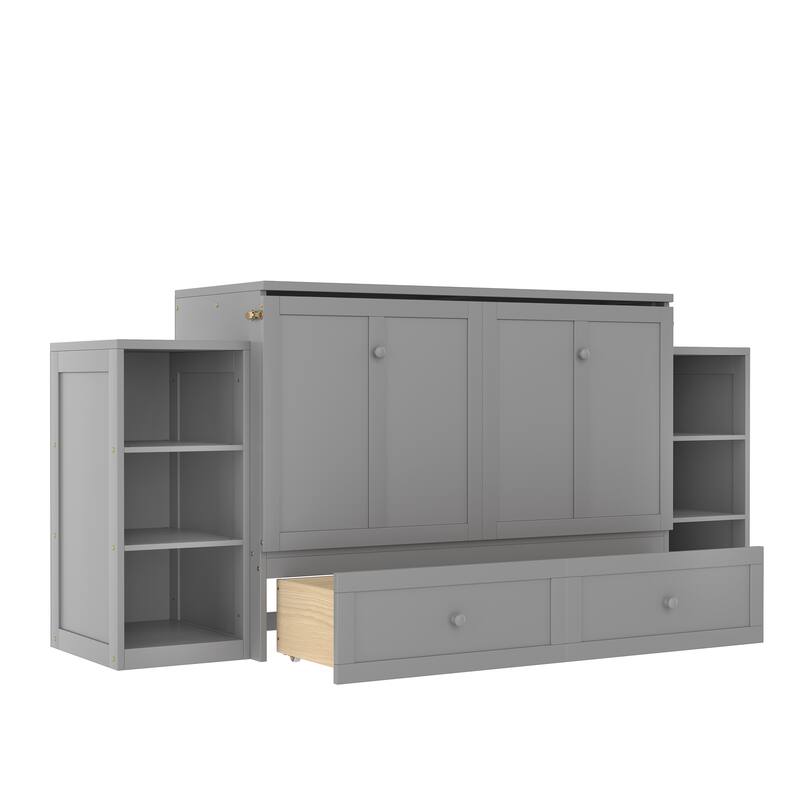 Full Size Murphy Wall Bed with Storage Drawers & Shelves, Space-Saving Design for Guest Room, Studio Apartment & Small Spaces