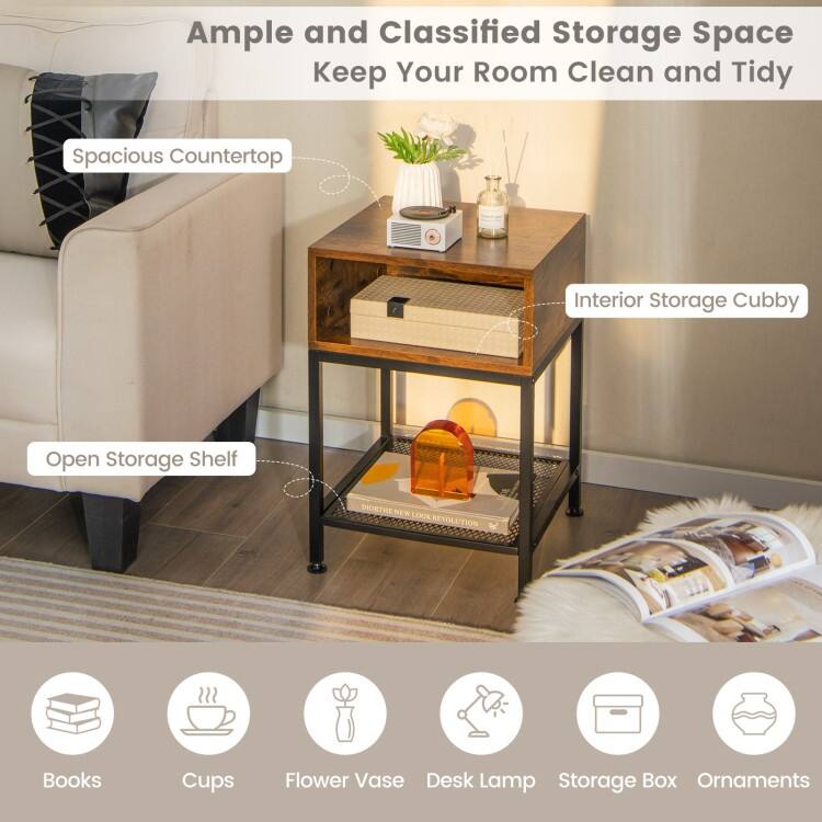 Metal Frame End Table with Storage Shelf for Bedroom and Office Use - 16" x 16" x 22.5"