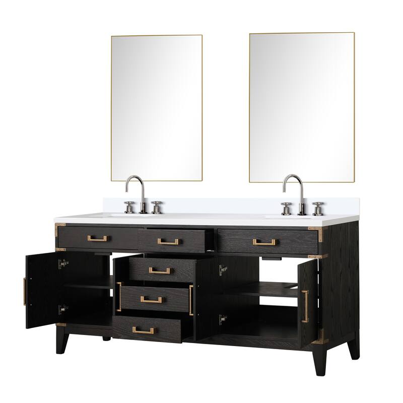 Laurel 60 in W x 22 in D Black Oak Double Bath Vanity, White Quartz Top, Faucet Set, and 28 in Mirrors