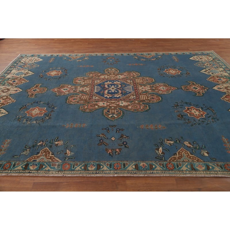 Blue Geometric Tabriz Persian Rug Traditional Handmade Wool Carpet - 7'8"x 10'8"