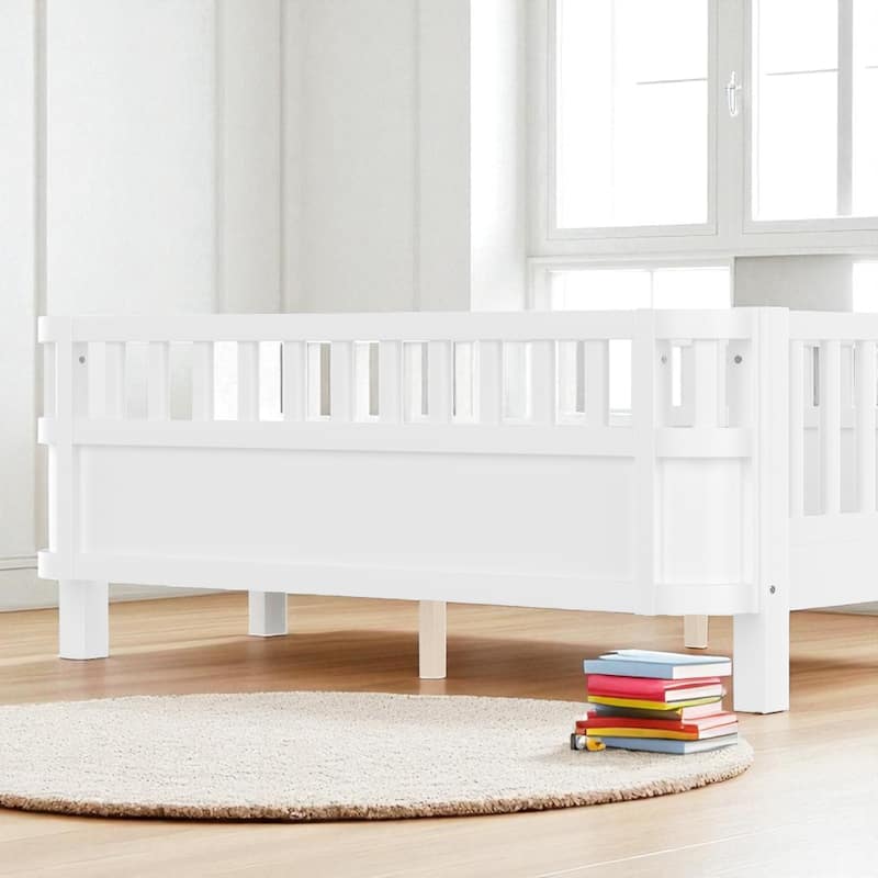 Wood Platform Bed with Guardrails & Detachable Fence, Twin/Full/Twin XL/Queen Size Kids Bed, Safety Design, No Box Spring