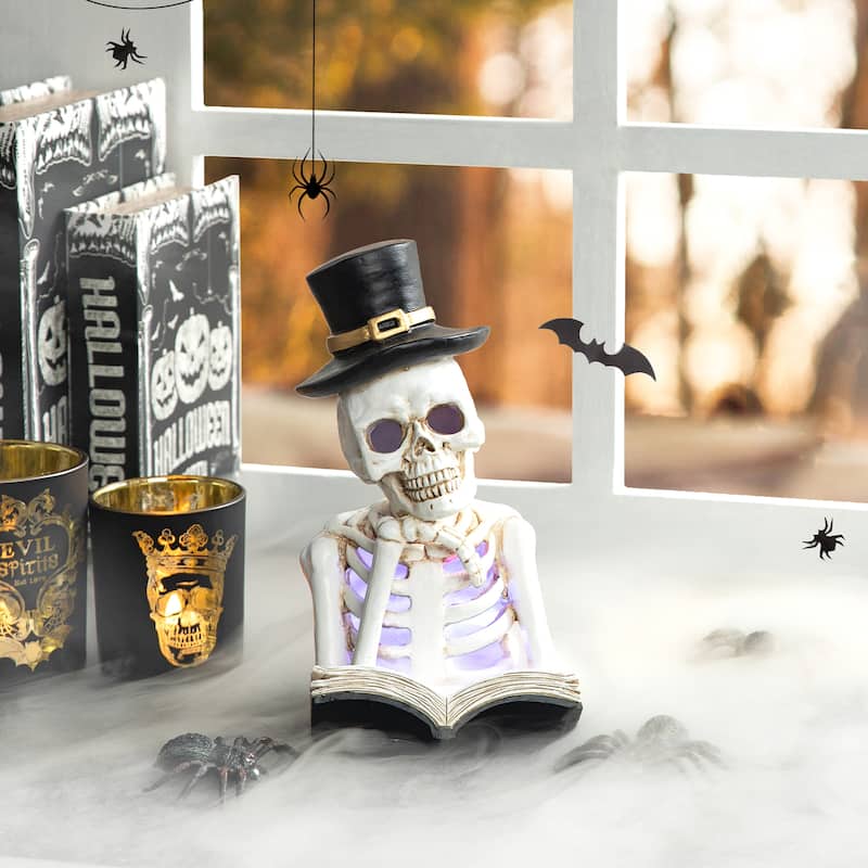 Glitzhome 10.25"H Halloween Lighted Resin Skull Reading Book Figurine Table Decor - Lighted Skull