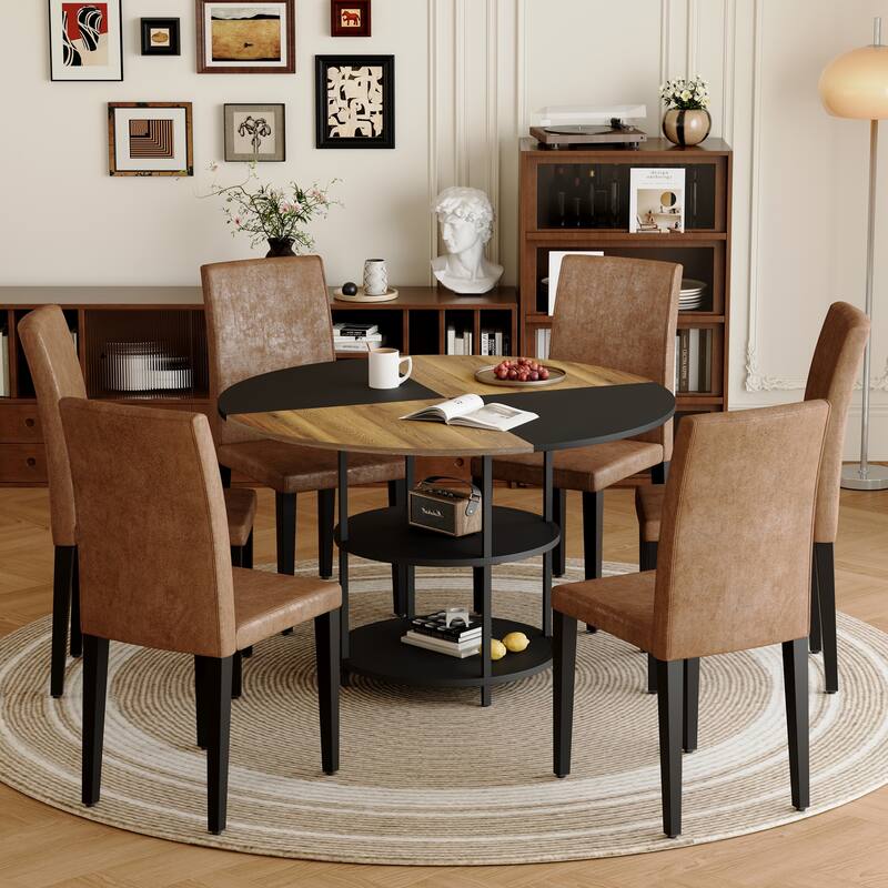 47.3" Round Dining Table Set for 6 with 6 Upholstered Chairs, Double-Layer Storage Dining Table for Home, Dining Room - Black,Brown,Wood