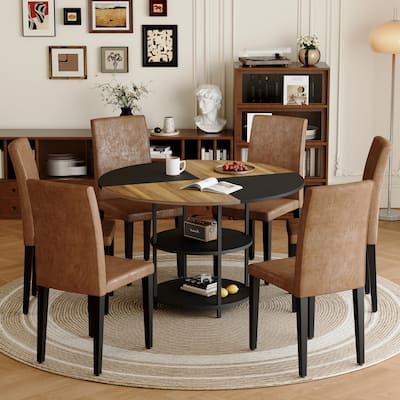 47.3" Round Dining Table Set for 6 with 6 Upholstered Chairs, Double-Layer Storage Dining Table for Home, Dining Room