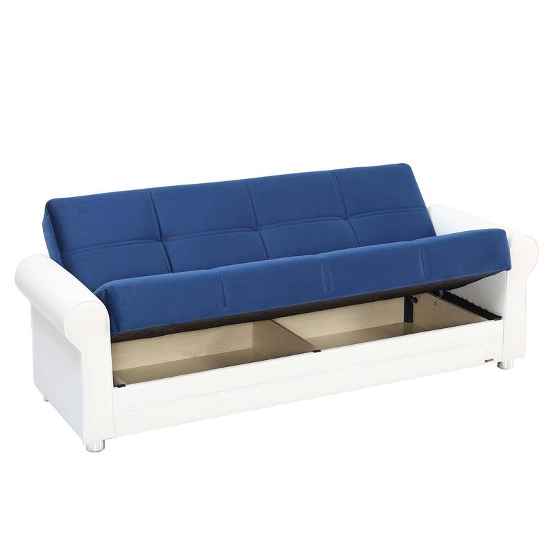 HomeRoots 89" Sky Blue Polyester Convertible Futon Sleeper Sofa And Toss Pillows With Storage